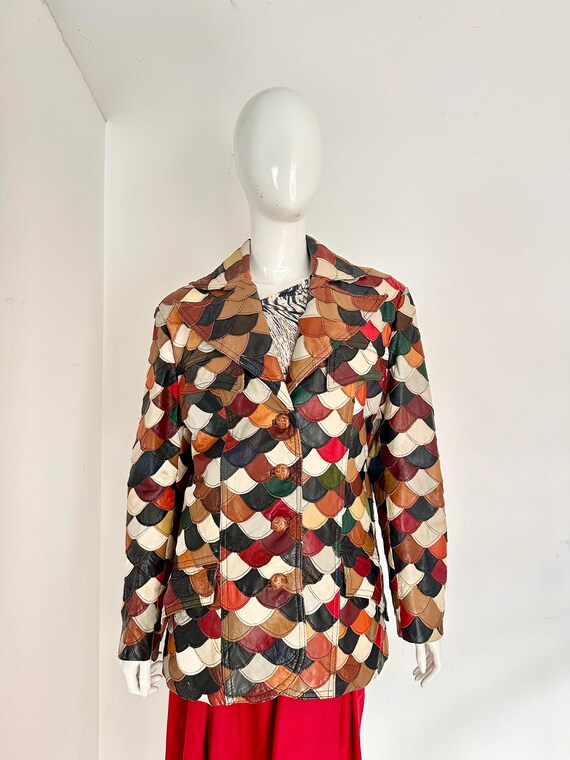 1970s Patchwork Leather Jacket • Fish Scale Desig… - image 2