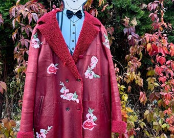 Vintage Cerruti 1881 Shearling Coat 1980s | Burgundy Leather Sheepskin Coat with Floral Embroidery | Luxury Vintage 80s 90s oversize