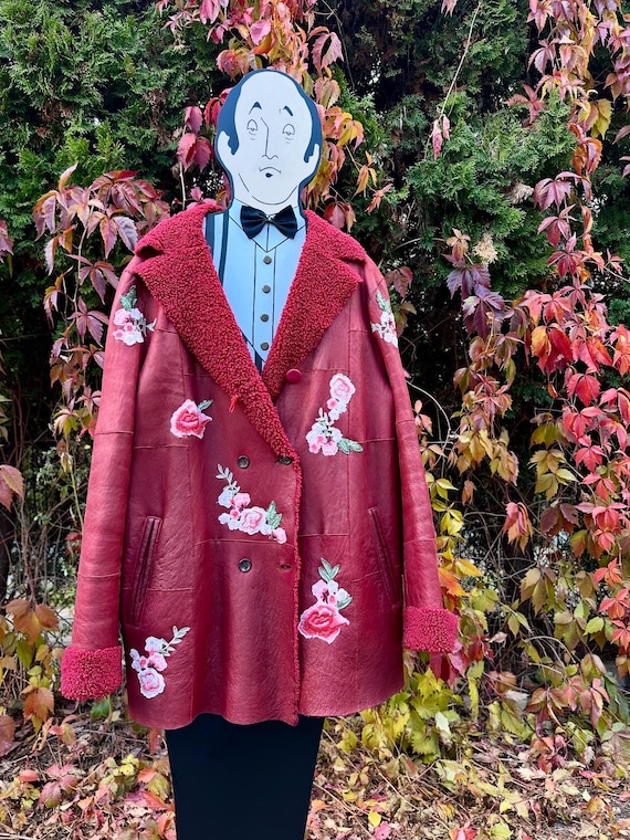 Cerruti 1881, Vintage Cerruti 1881 Shearling Coat 1980s | Burgundy Leather Sheepskin Coat with Floral Embroidery | Luxury Vintage 80s 90s oversize