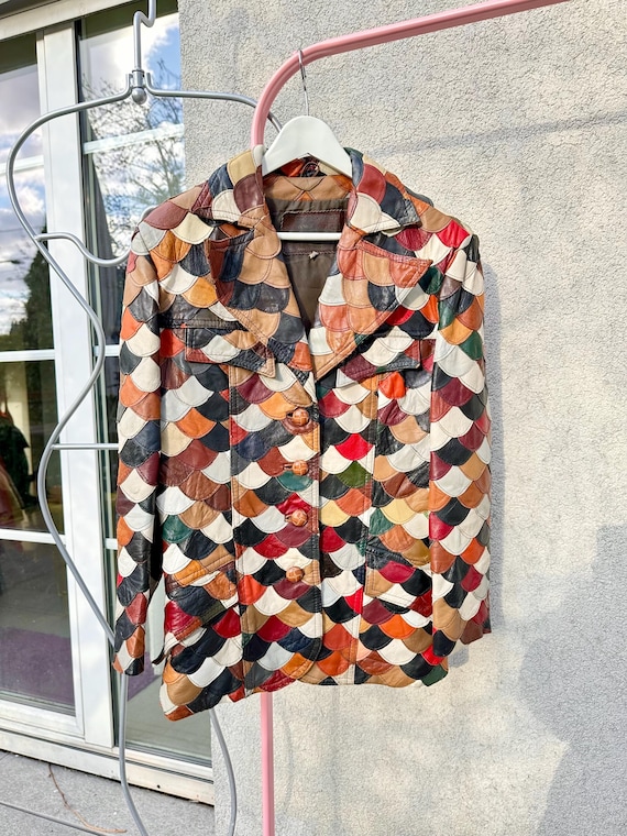1970s Patchwork Leather Jacket • Fish Scale Desig… - image 1