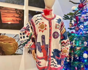 Vintage 80s 90s Oversized Tropical Cardigan | Colorful Ramie Cotton Knit | Statement Sweater | Artistic Pattern | One of a Kind Together