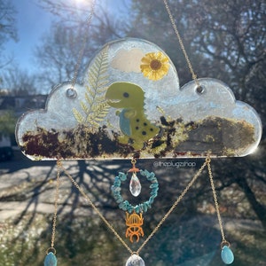 Handmade Tyrannosaurus Rex Suncatcher: Botanical Resin Cloud with Kallaite