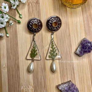 REAL fern earrings, handmade botanical resin jewelry, freshwater pearl drop earrings, detail stud earrings, hypoallergenic jewelry for her