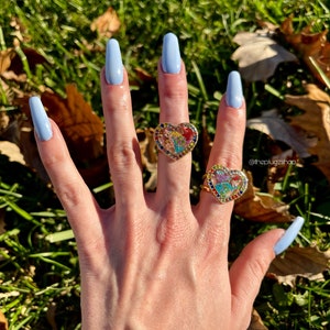 REAL Queen Anne’s Lace rings, rhinestone rings, rainbow rings, heart rings, botanical resin jewelry, valentine jewelry, jewelry gifts