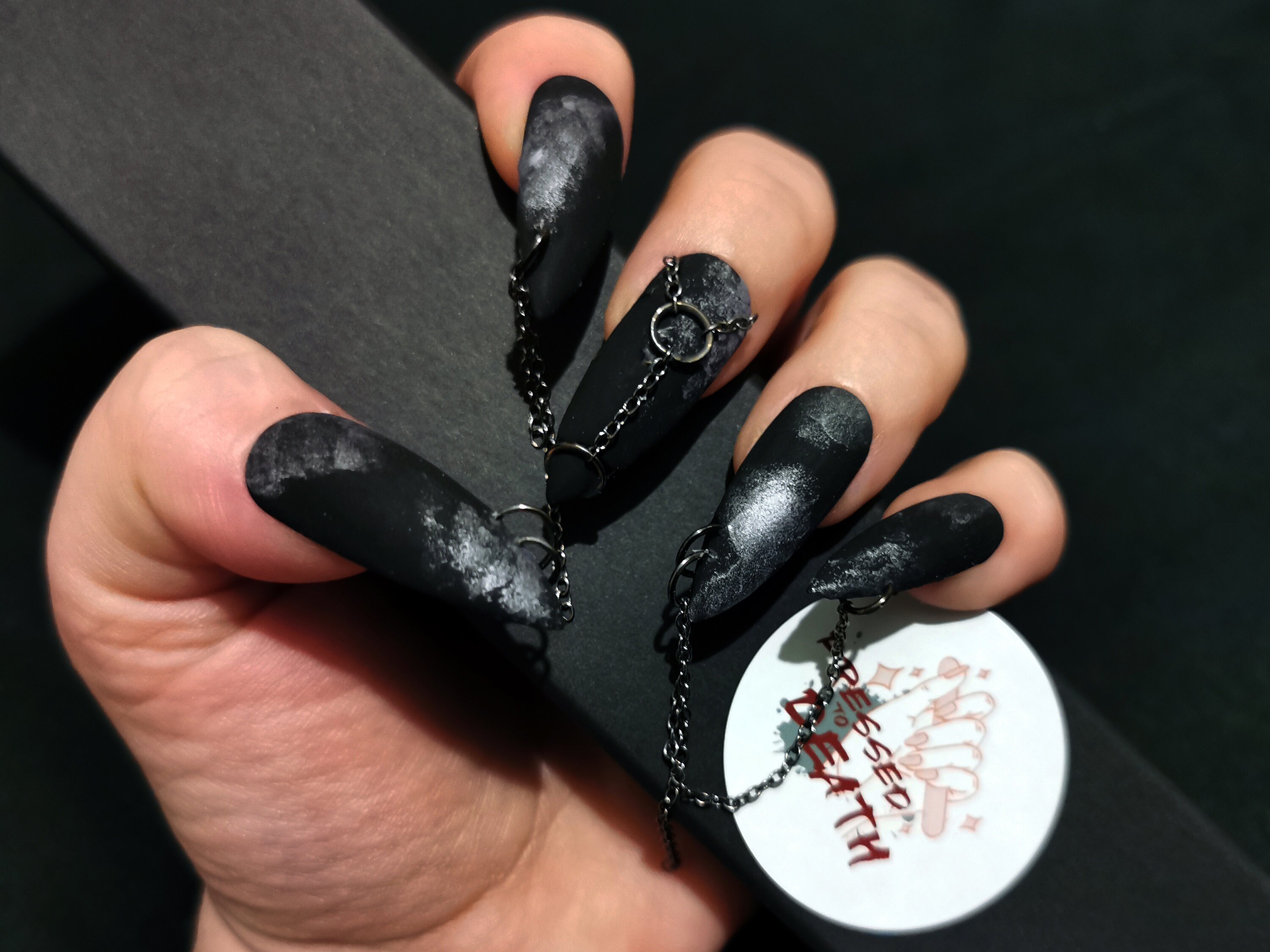 Black Metal False Nails Hand Painted Press On Nails Made Etsy