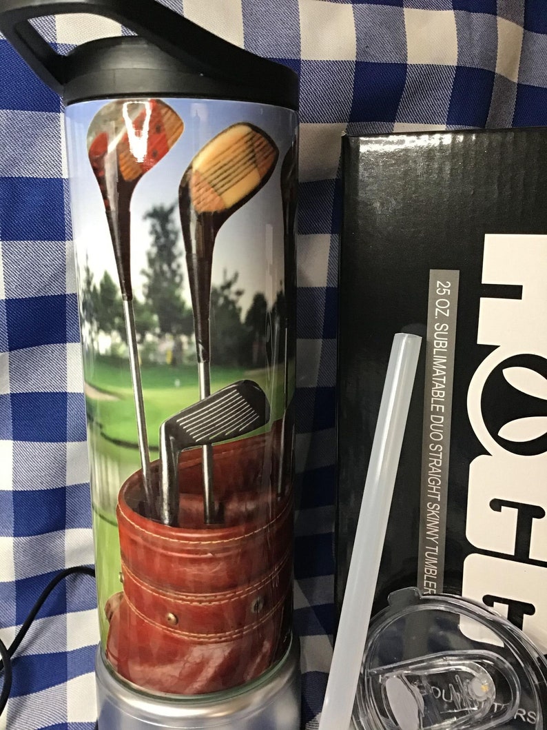 Free Personalized Name Golfing, Golfers Tumbler Sublimated Tumbler with Customized Stainless Steel Duo 15oz Duo Skinny Tumbler
