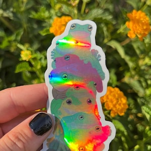 May include: A stack of iridescent frog stickers with a rainbow holographic finish. The frogs are stacked on top of each other, with the largest frog at the bottom and the smallest frog at the top.
