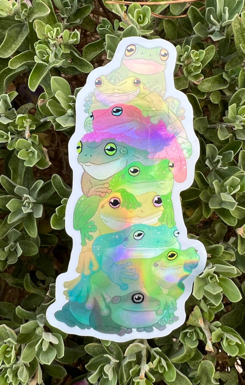 May include: A stack of six iridescent frog stickers with a rainbow effect. The frogs are stacked on top of each other, with the largest frog at the bottom and the smallest frog at the top. The frogs are all facing the same direction, with their eyes open and their mouths closed.