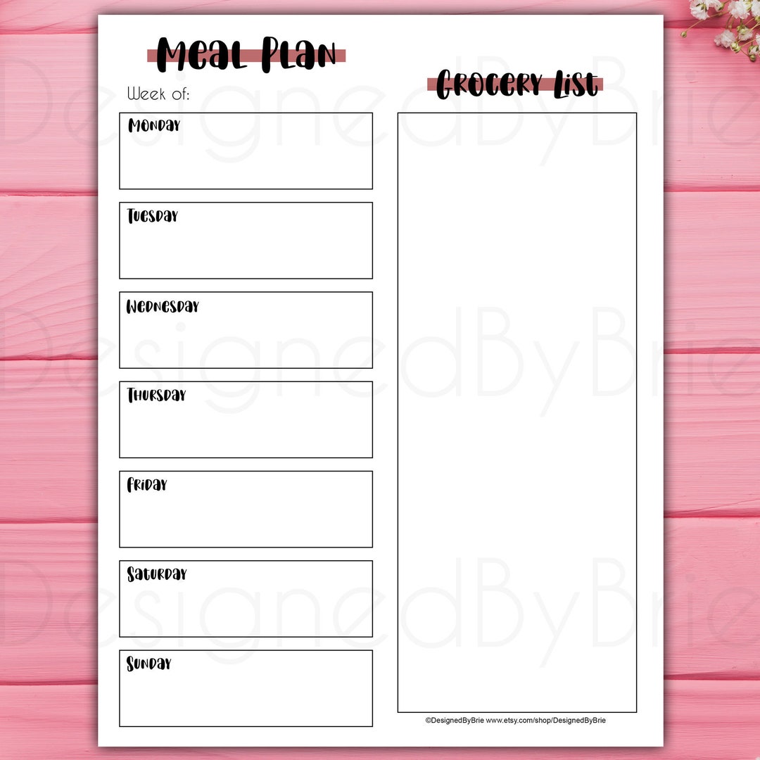 Meal Plan &amp; Grocery List Printable, Menu Planner Print at Home US ...