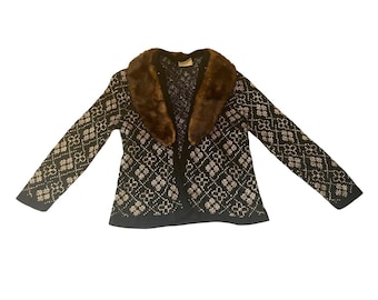 Vintage Sears Roebuck And Co Sweater / Jacket Black & Gold with fur collar - S