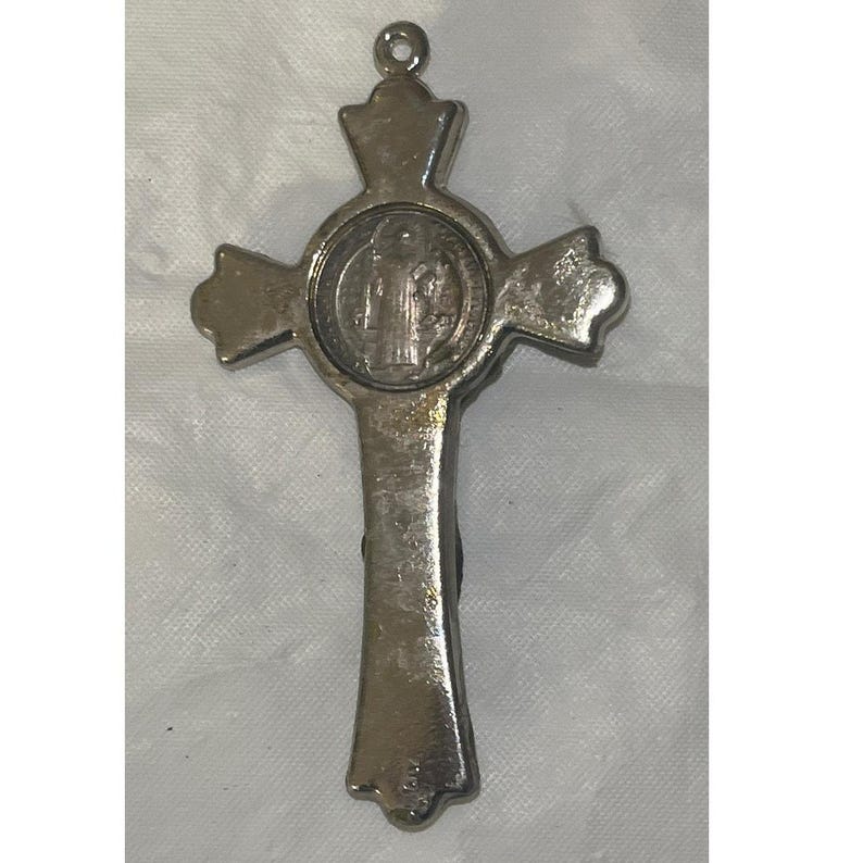 Saint St Benedict Medal Crucifix Cross Silver Tone Pendant Vintage Made ...
