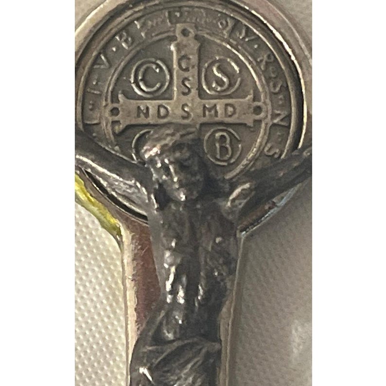 Saint St Benedict Medal Crucifix Cross Silver Tone Pendant Vintage Made ...