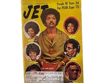 May include: Vintage September 25, 1975, issue of Jet magazine. The cover features Rev. Jesse Jackson and portraits of Roberta Flack, Lena Horne, Nancy Wilson, Stevie Wonder, and Ray Charles. The magazine is yellowed with age.