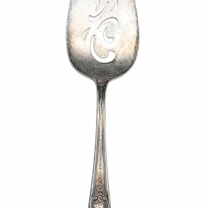 Puede incluir: Un servidor de pasteles de metal plateado con una hoja puntiaguda en forma de pica que presenta un patrón de corte decorativo. El mango tiene un diseño floral en relieve adornado con detalles de volutas intrincadas a lo largo del tallo.