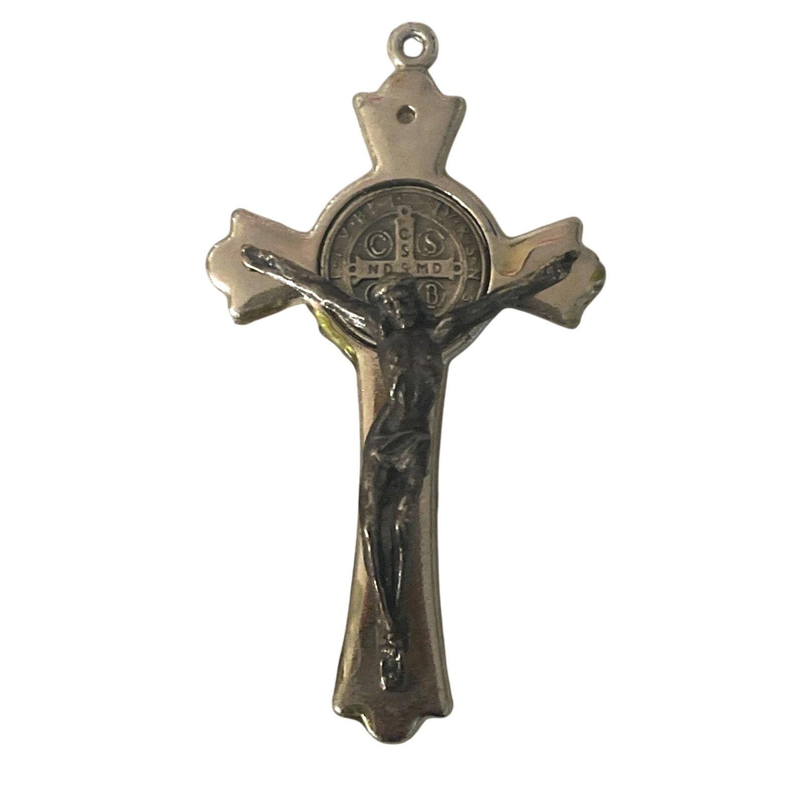 Saint St Benedict Medal Crucifix Cross Silver Tone Pendant Vintage Made ...