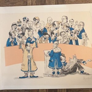 May include: A vintage print featuring a crowd of cartoon figures in a courtroom setting. The illustration depicts several figures in blue coats and a man in a yellow coat. The artwork has a whimsical style with a light color palette.