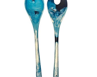 Resin Swirl Salad Set Utensil 2 Pc Blue - Excellent