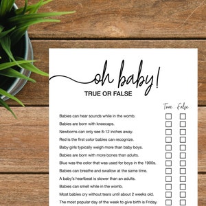 True or False Baby Shower Game Game, Instant Download, Baby True or False, Baby Trivia, Baby Trivia True or False Baby Shower Game
