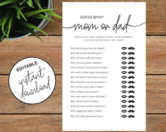 Guess Who Mommy or Daddy Editable Baby Shower Game, Mom or Dad, Printable Baby Shower Game, Fun Baby Shower Games