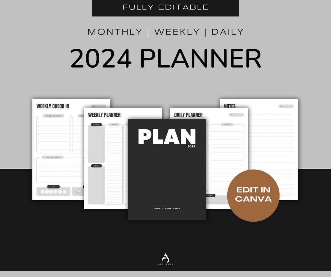 2024 Planner Template in Black and White Easy to Edit Canva Template ...