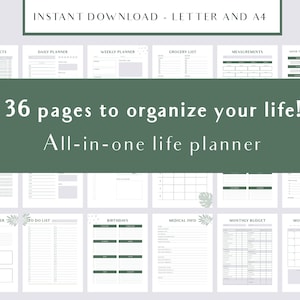 Puede incluir: Un planificador imprimible de 36 páginas para organizar tu vida. El planificador incluye secciones para proyectos actuales, planificador diario, planificador semanal, lista de la compra, medidas, seguimiento del agua, seguimiento de hábitos de 30 días, planificador de viajes, lista de tareas, cumpleaños, información médica, presupuesto mensual y planificador mensual.