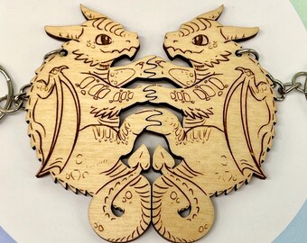 Reiten oder Ziehen Drachenpaar Freundschafts-Schlüsselanhänger aus Holz
