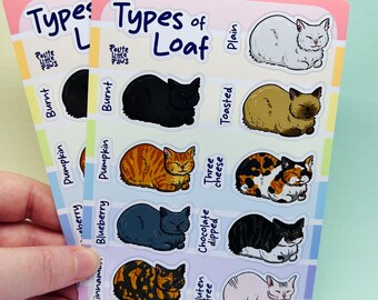 Lustiger glänzender Vinyl-Aufkleberbogen „Types of Loaf Cat“ (A6, wasserfest)