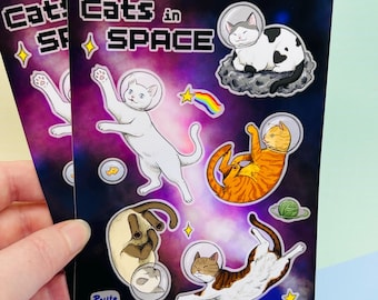 Katzen im Weltraum – Glänzender Vinyl-Aufkleberbogen (A6, wasserfest)