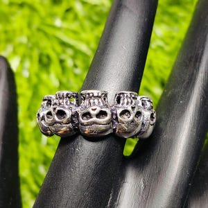 Skull Band Ring | Gothic Silver Oxidized Ring for Men & Women | Punk Rock Biker Jewelry | Adjustable Halloween Ring | Gift for Him or Her