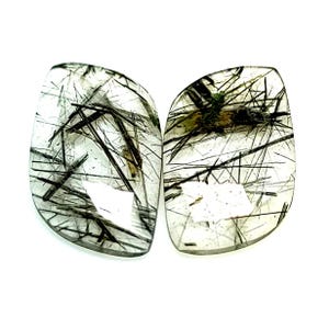 20x12x3 mm, Black Rutile Gemstone, Rutilated Quartz Pair, Faceted cut Rutile Match Pair, Loose Gemstone, Flat Back Rutile Rosecut Cabochon