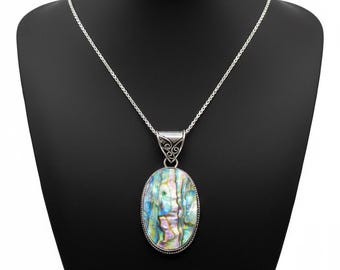 Collar de concha de abulón de plata esterlina: colgante de paua iridiscente