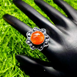 Sunstone Ring | Orange Crystal Sterling Silver Statement Ring | Boho Healing Gemstone Jewelry | Adjustable Handmade Ring for Women