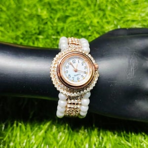 Vintage-Inspired Beaded Pearl Watch | Handmade Pearl Bracelet Watch | Elegant Women&#39;s Quartz Watch