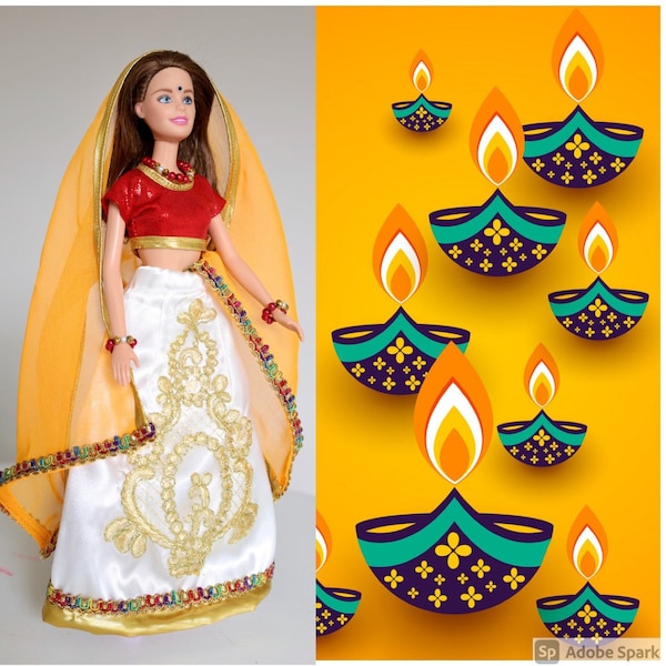 Indiase jurk voor Barbie pop, Indiase Diwali lehenga, Diwali outfit, pop Indiase Sari, Bruiloft pop, Barbie pop verzamelaars, collectible