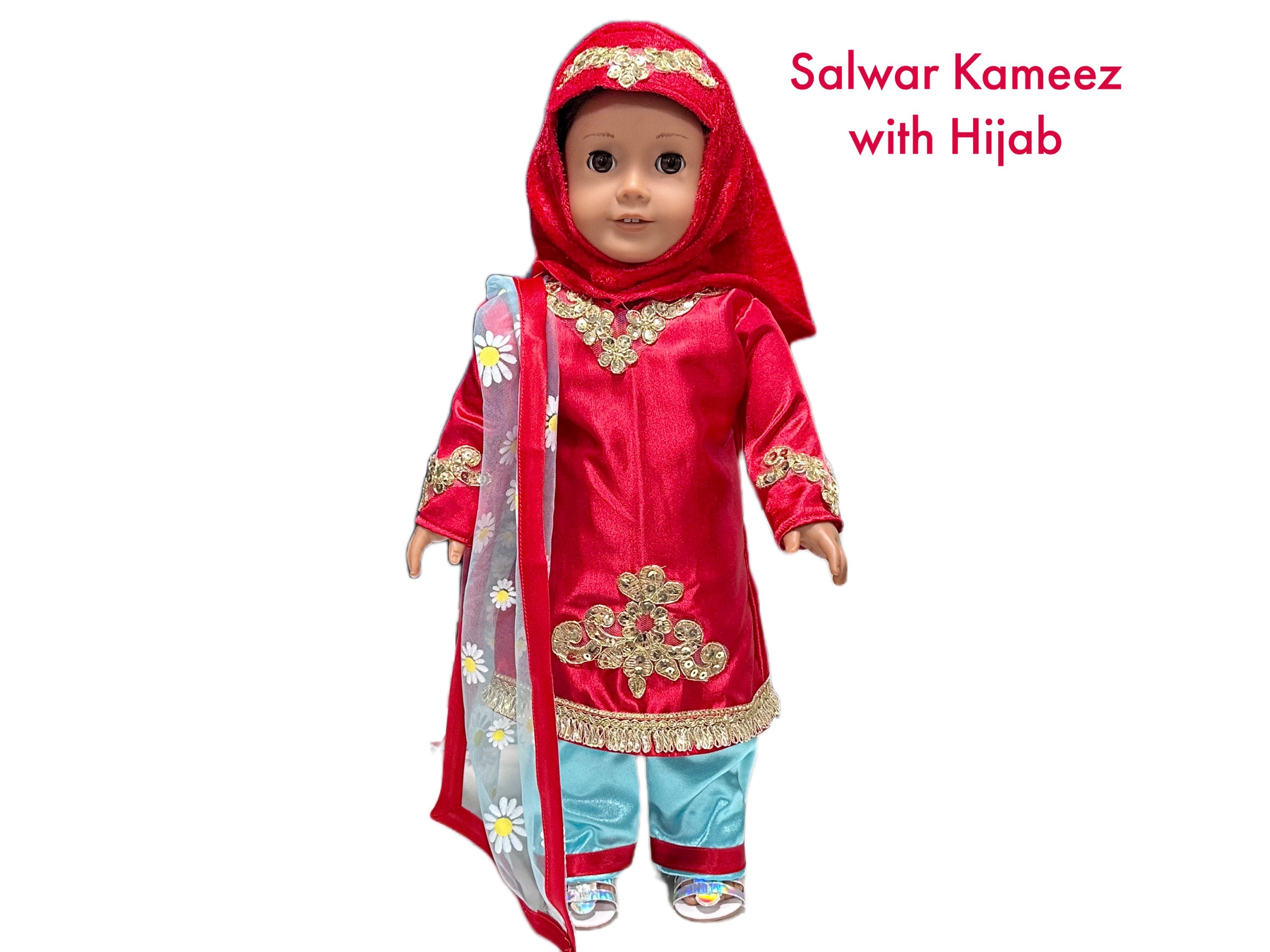 Handmade muslim vintage red flower dress with hijab decoration with black  lace for muslim doll ,barbie and fulla .