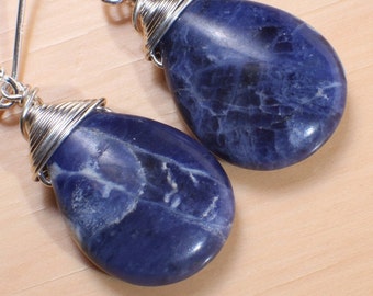 Sodalite Wire Wrapped 925 Sterling Silver Earwire, 15x20mm Rich Royal Blue Sodalite Teardrop, Boho, Handmade Gemstone Earrings, Gift for Her