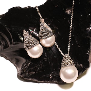 Conjunto de brincos, colar com corrente e pingente de pérola de 14 mm, prata esterlina 925, conjunto de joias, carimbo 925