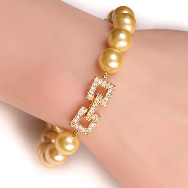 Golden Yellow South Sea Shell Pearl 8, 10mm Bracelet in Fancy CZ Diamond Gold Vermeil Foldable Clasp, Bridal, Gift for Her, Handmade