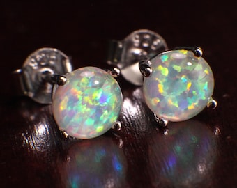 Genuine Ethiopian Fire Opal, Welo Opal, 6mm Stud Earrings in 925 Sterling Silver, AAA Quality Fiery Welo Opal Dainty Elegant Earrings, Gift