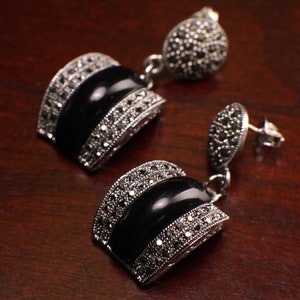 Marcasite Black Onyx Earrings 925 Sterling Silver Post, Vintage, Antique Marcasite Earrings Gift for her