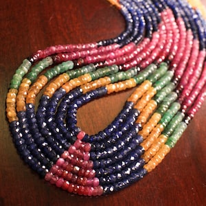 Natural Multi Sapphire 7 Line 3-4mm Graduated Faceted patterned Roundel Gemstone AAA quality 16.5" plus Adjustable thread Necklace,