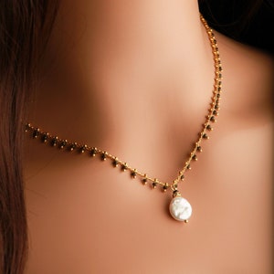 Black Spinel Micro Faceted Diamond Cut Gold Beaded Necklace with Fresh Water Coin Pearl and Rhinestone Spacer Extendable Chain Necklace