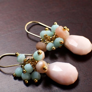 Pink, Blue Peruvian Opal Cluster Earring, Pink Opal Briolette in Gold Vermeil, Gold Over Sterling Silver Ear Wire, Soothing Gem, Boho, Gift