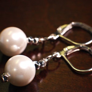 White South SeaShell Pearl 10mm round silver Leverback Earrings, simple minimalist Bridal.