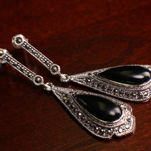 Marcasite 925 Sterling Silver Post Earrings, Teardrop Dangle Black Onyx, Vintage, Antique Marcasite Earrings Gift for her