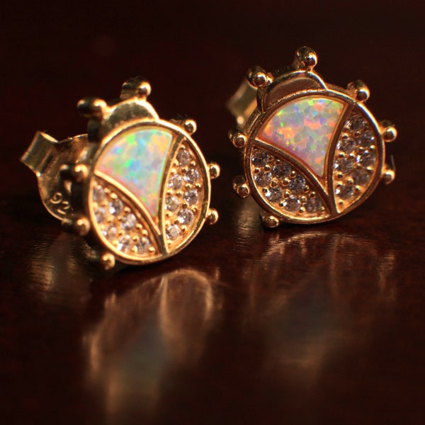Ethiopian Fire Opal, Welo Opal, Lady bug Shape Stud Earrings in Gold Vermeil, 925 Sterling Silver AAA Fiery Opal Elegant Dainty Stud Earring