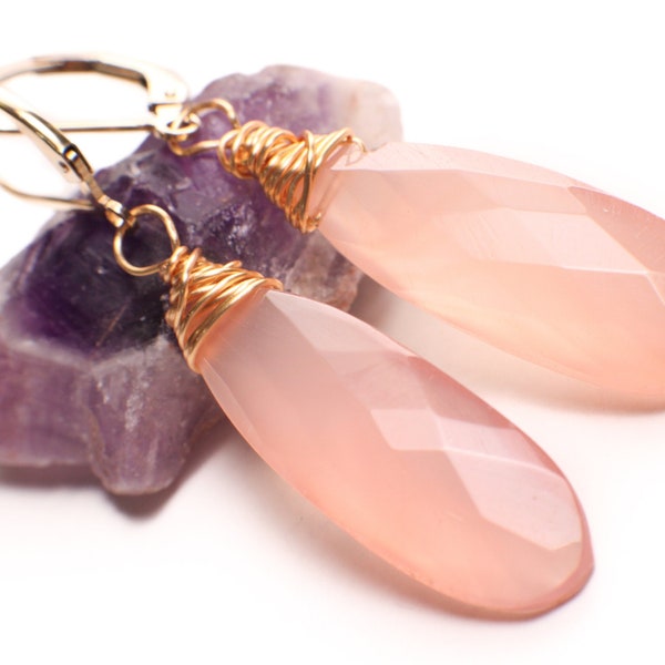 Pink Chalcedony faceted 10x 30mm long drop 14k gold filled Leverback earring. Handmade baby pink earring gift