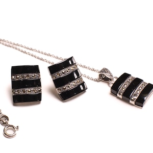 Conjunto de joias com colar e corrente de prata esterlina 925, 12 x 15 mm, ônix preta, brincos e pingente, marcasite, ônix preta, 12 x 15 mm, estampa 925