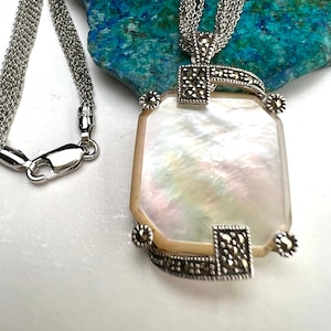 Vintage Marcasite, Mother of Pearl natural, 925 sterling Silver Victorian Style Pendant. Optional Matching 5 Line Rhodium Sterling Chain,