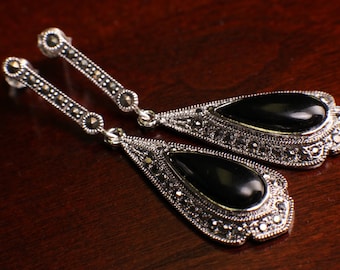 Long Teardrop Vintage Antique Drop Earrings with Marcasite Sterling Silver Post Long Teardrop Vintage Antique Drop Earrings with Marcasite Sterling Silver Post